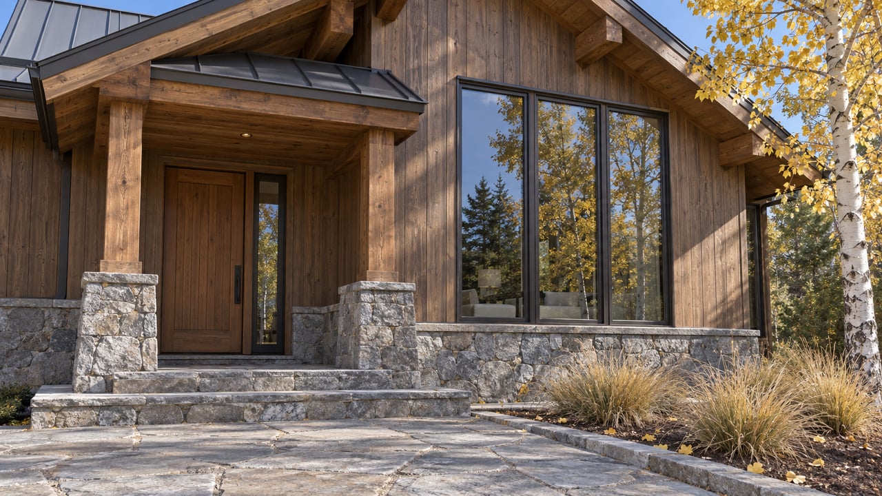 Modern mountain home with timber siding, a stone entry, and large windows amid autumn foliage.