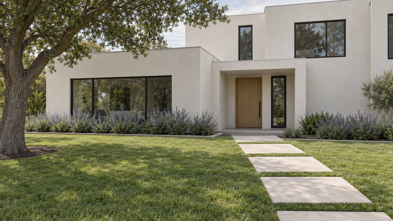 Modern two-story stucco house with oak entry door, concrete stepping slabs, lawn, and mature oak tree.