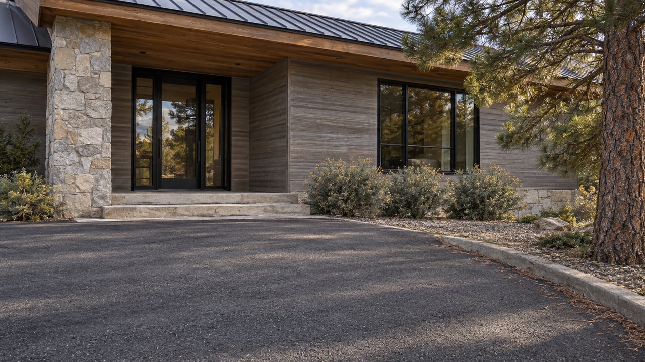Mountain home with a recessed entry, limestone steps, cedar siding, and a pine beside the paved approach.