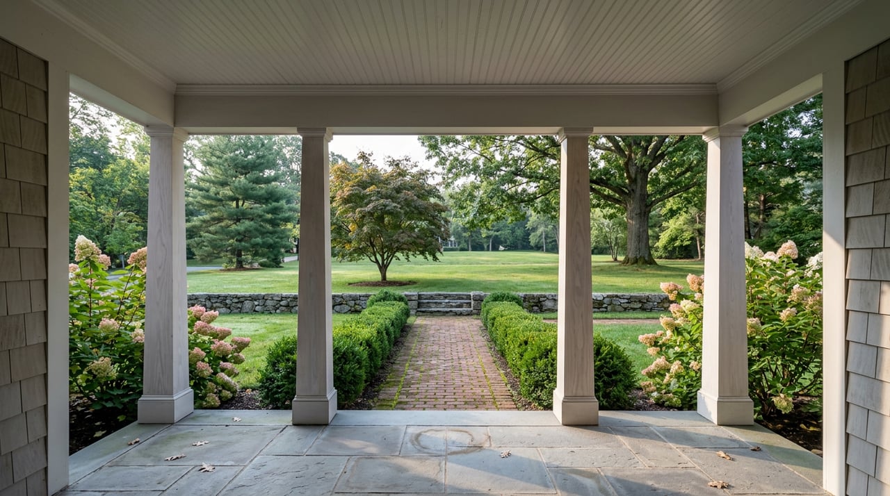 Portico columns frame a brick path through a broad lawn toward a stone wall and mature trees.