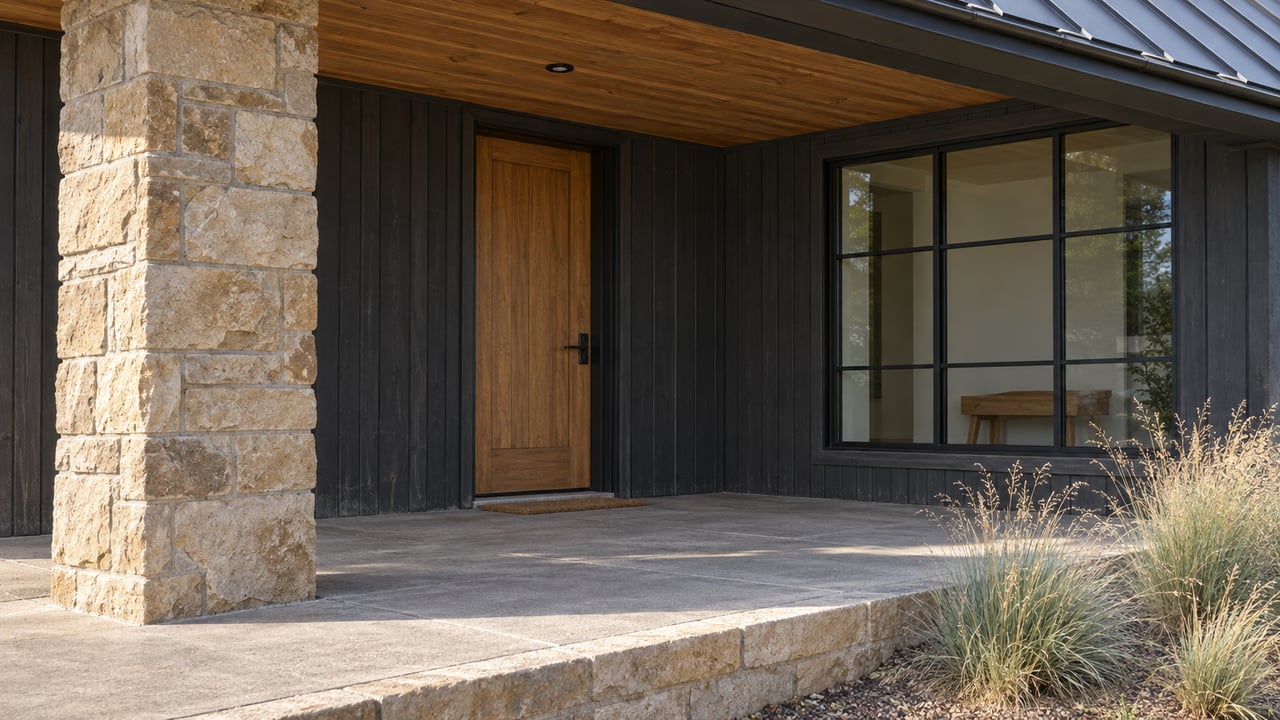 Sunlight crosses a sandstone porch pier, charcoal timber siding and an oak front door beside a black-framed window.