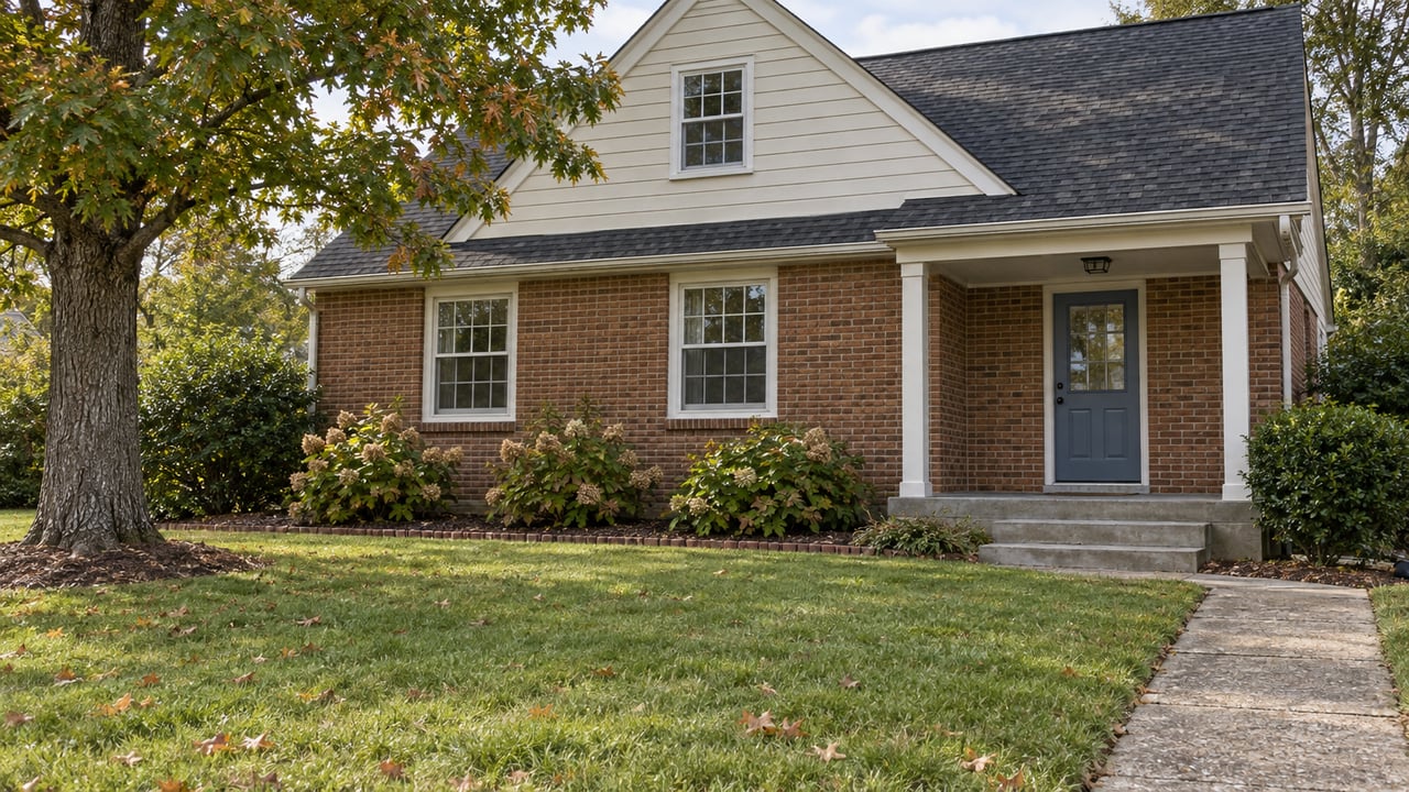 An established brick-and-ivory-sided home with a shallow entry porch, broad front lawn, and mature white oak in early autumn daylight.