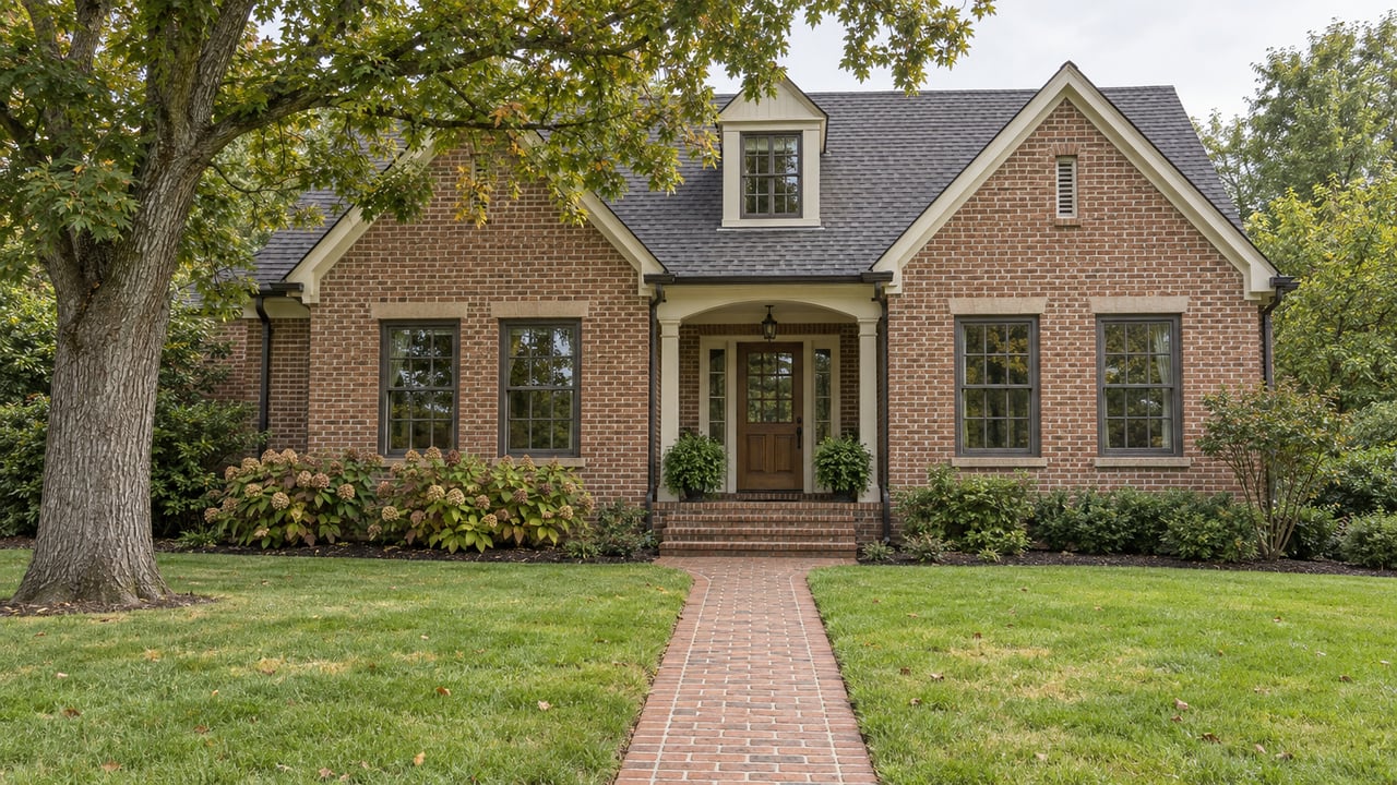 Established brick house with paired gables, a deep front lawn, a brick approach and a mature white oak.