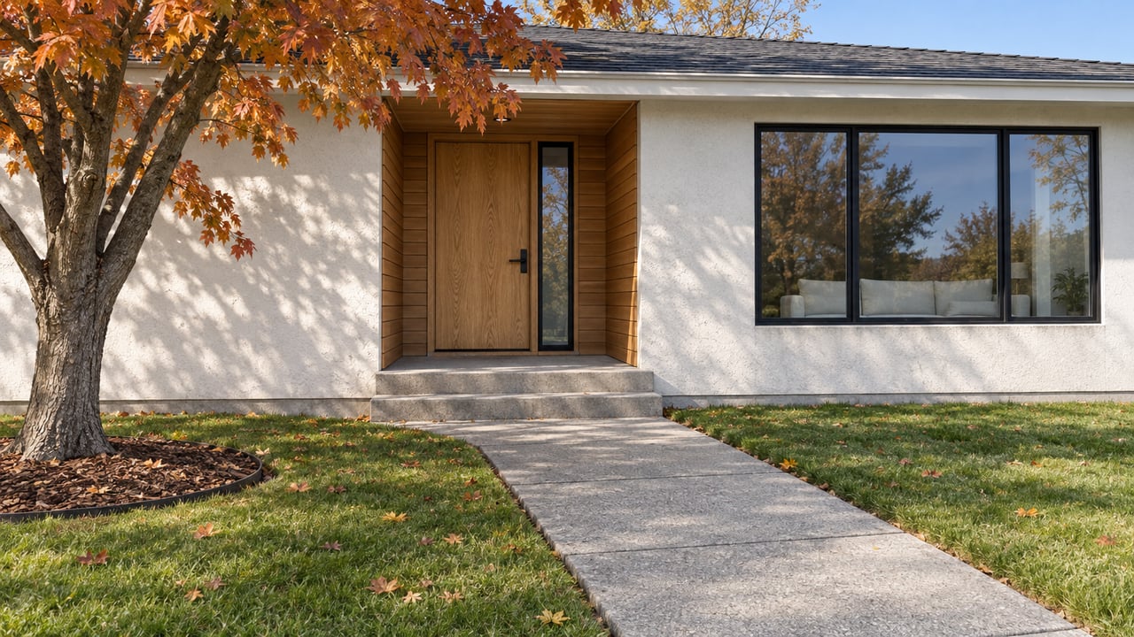 Updated white-stucco home with a recessed wood entry, broad front lawn, and an orange-leaved maple in bright autumn light.
