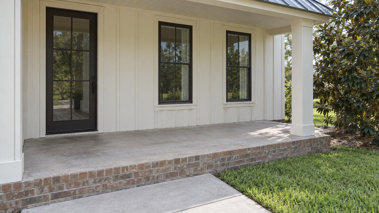 Cream board-and-batten entry with dark glazed door and tall windows, a concrete porch and brick step beside a magnolia and trimmed lawn.