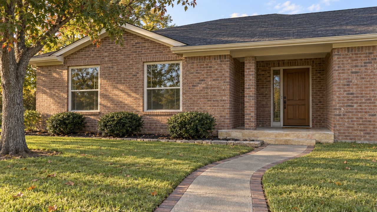 Warm brick single-story home with cream-framed windows, a recessed oak entrance, curved concrete walk, and mature oak beside an autumn-green lawn.
