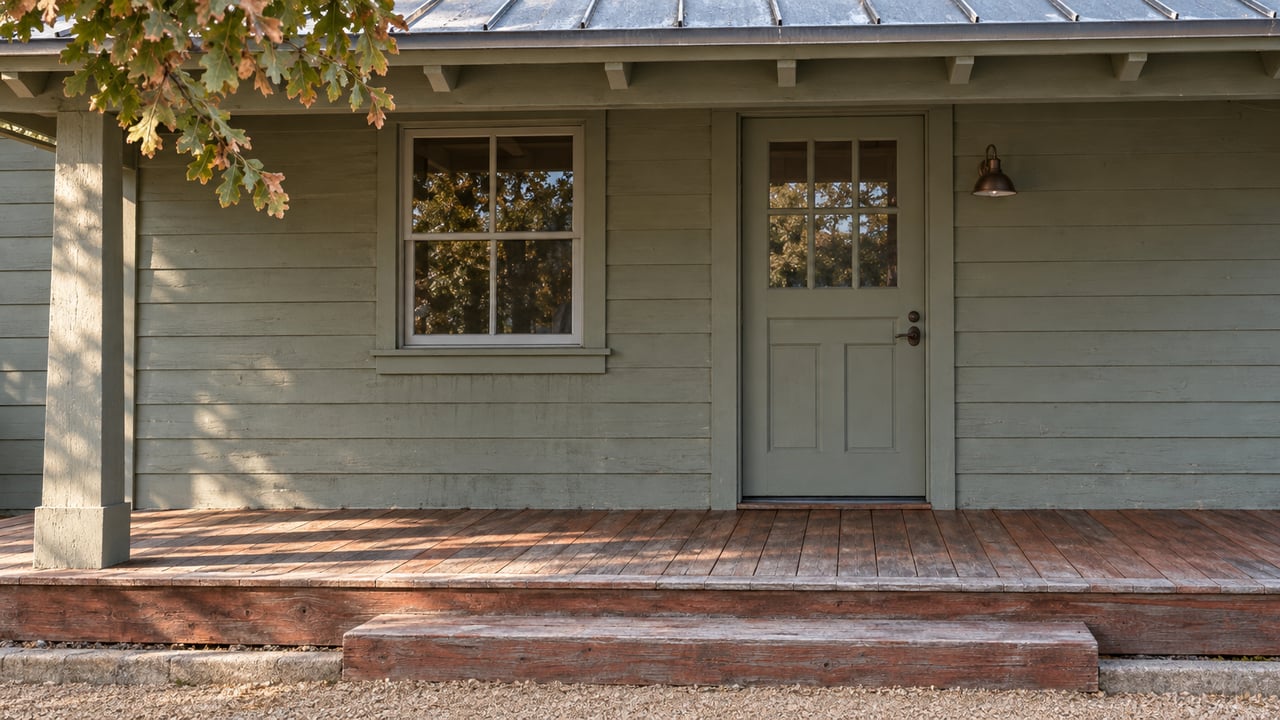 Weathered wood porch and closed glazed entry door beneath wide eaves, with an oak branch and gravel landing in afternoon light.