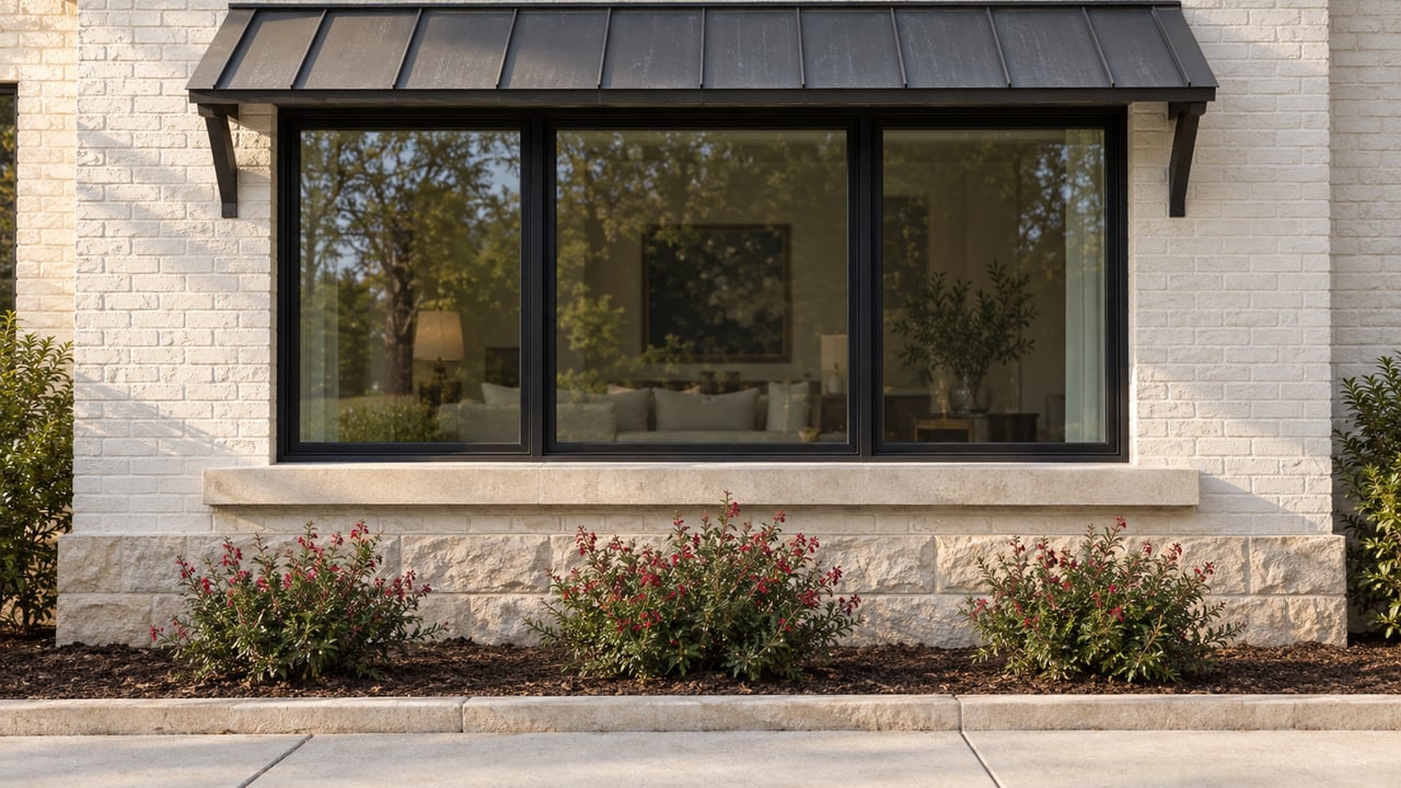 Close view of a white brick home with a black-framed window, charcoal metal awning, limestone sill and red-flowering sage beside a concrete approach.