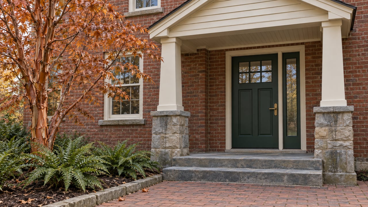 Covered brick-house entrance with a green door, worn sandstone steps, and a copper-leaved paperbark maple.