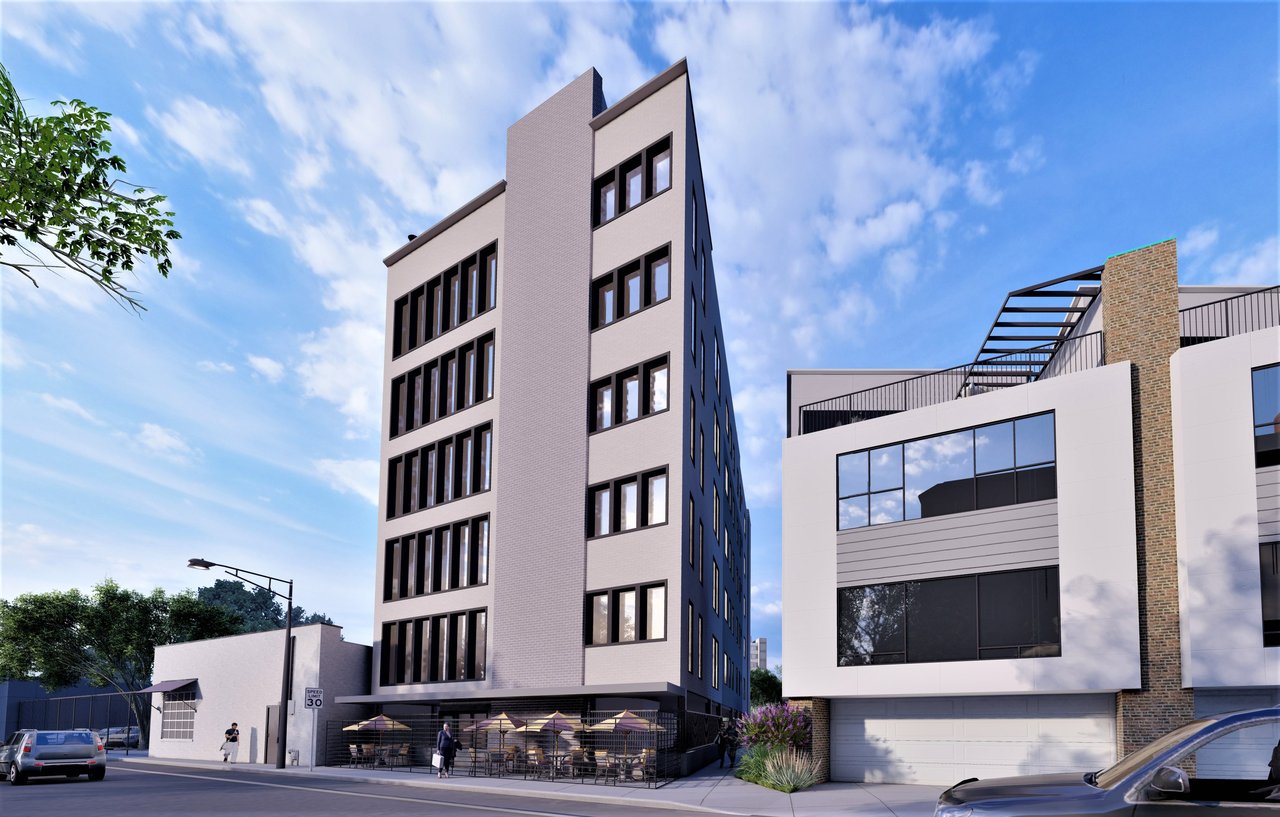 Rendering of a modern multistory commercial building with large windows and street-level patio seating.