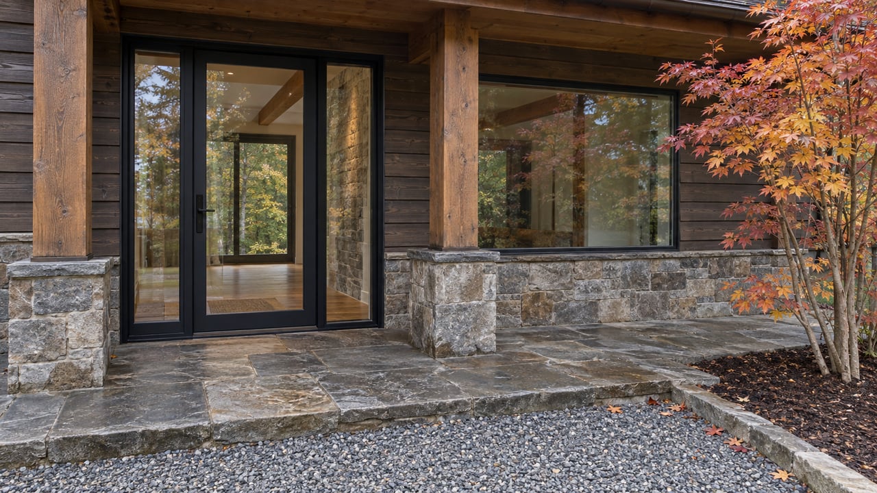 Timber-and-stone home entrance with enclosed glazing, a worn stone landing and one maple turning copper and yellow.