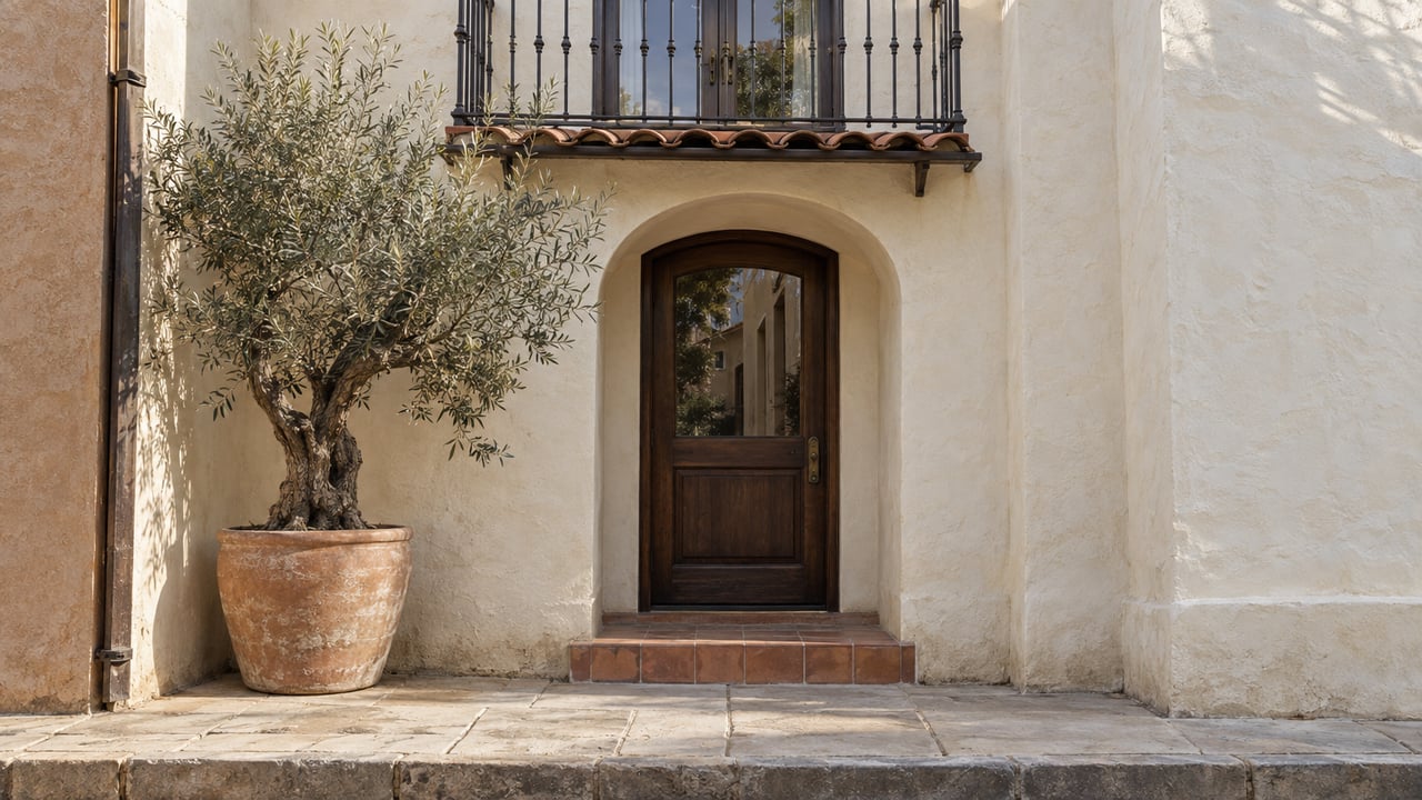 Arched ivory-stucco entrance with a dark wood door, potted olive tree, and iron balcony above.