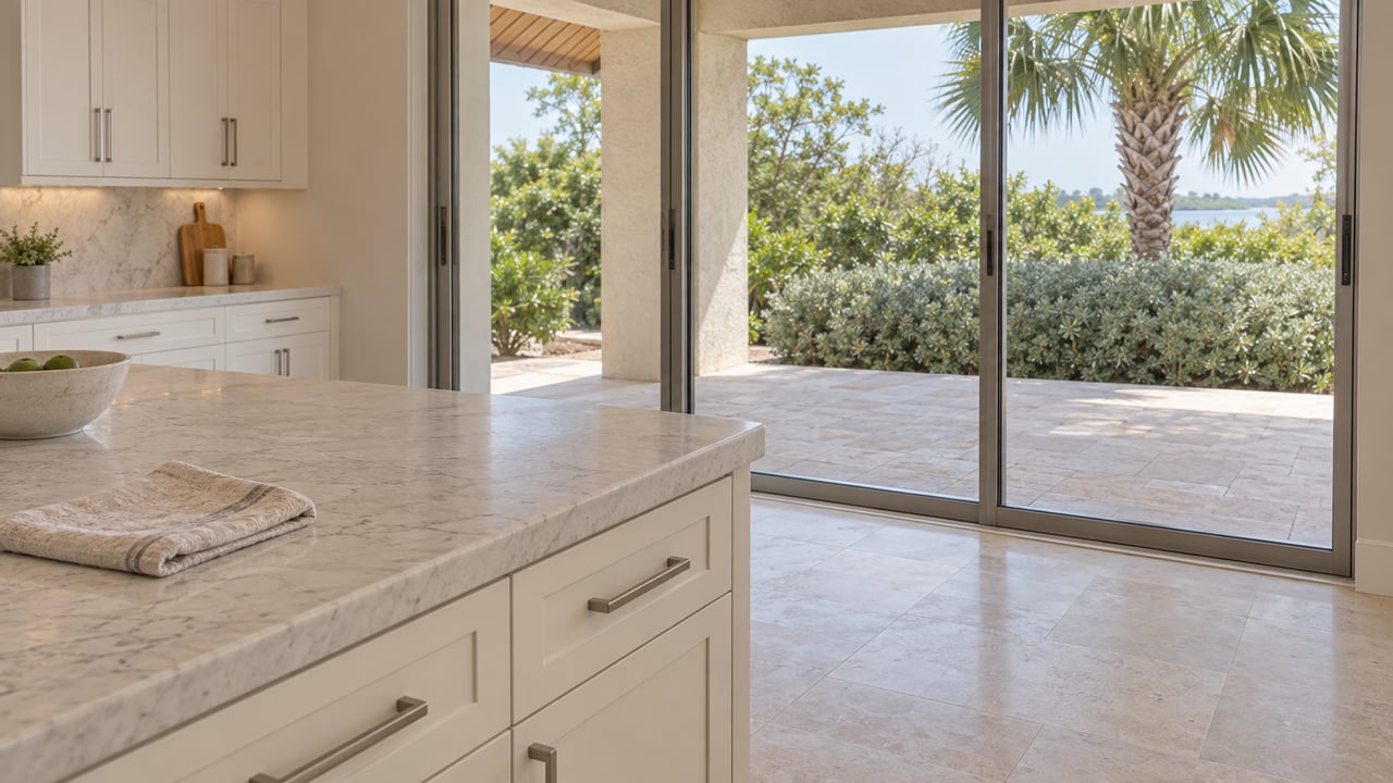 Kitchen island with a folded linen towel and ceramic bowl faces closed glass doors overlooking a stone terrace and palm.