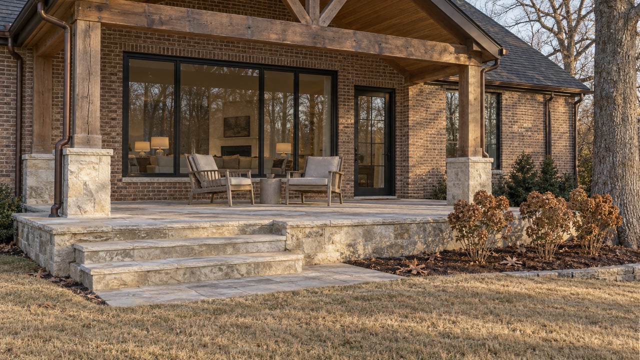 Winter sunlight across a brick home's timber-covered limestone terrace, with teak chairs and steps descending to a dormant lawn.