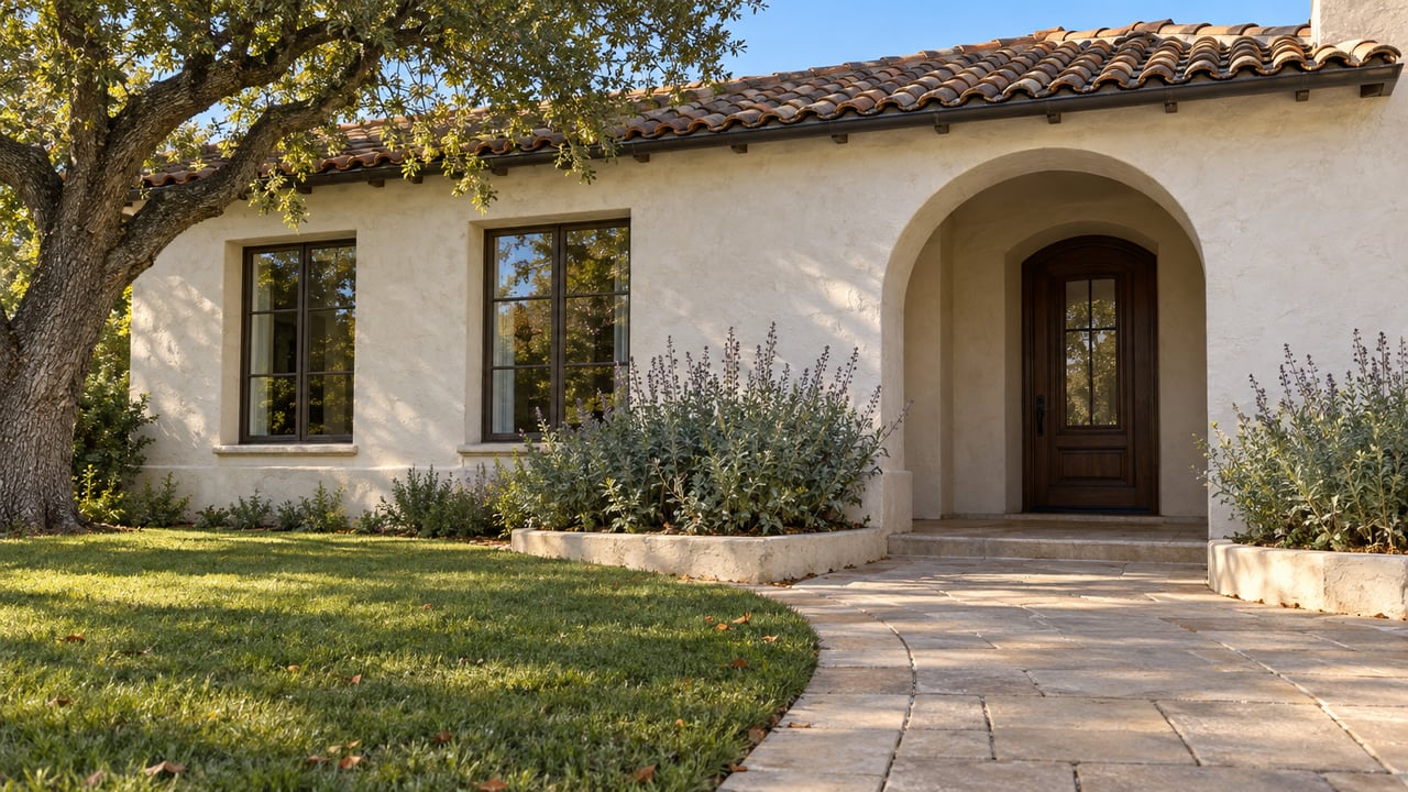 White stucco home with a clay tile roof, shaded arched entrance, stone-colored paver walk, and mature oak beside a deep front lawn.