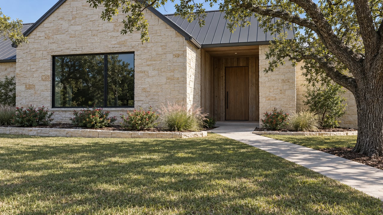 Limestone home with a cedar entry, black-framed window and deep lawn beside a live oak and a flowering native planting bed.