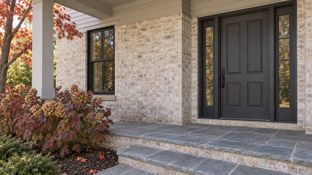Pale brick house entry with a charcoal door, paired glazed sidelights, slate steps and burgundy oakleaf hydrangeas.