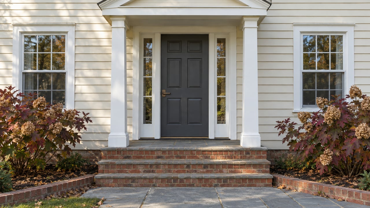 Traditional ivory clapboard entrance with a charcoal door, paired sidelights, brick steps and autumn oakleaf hydrangeas.
