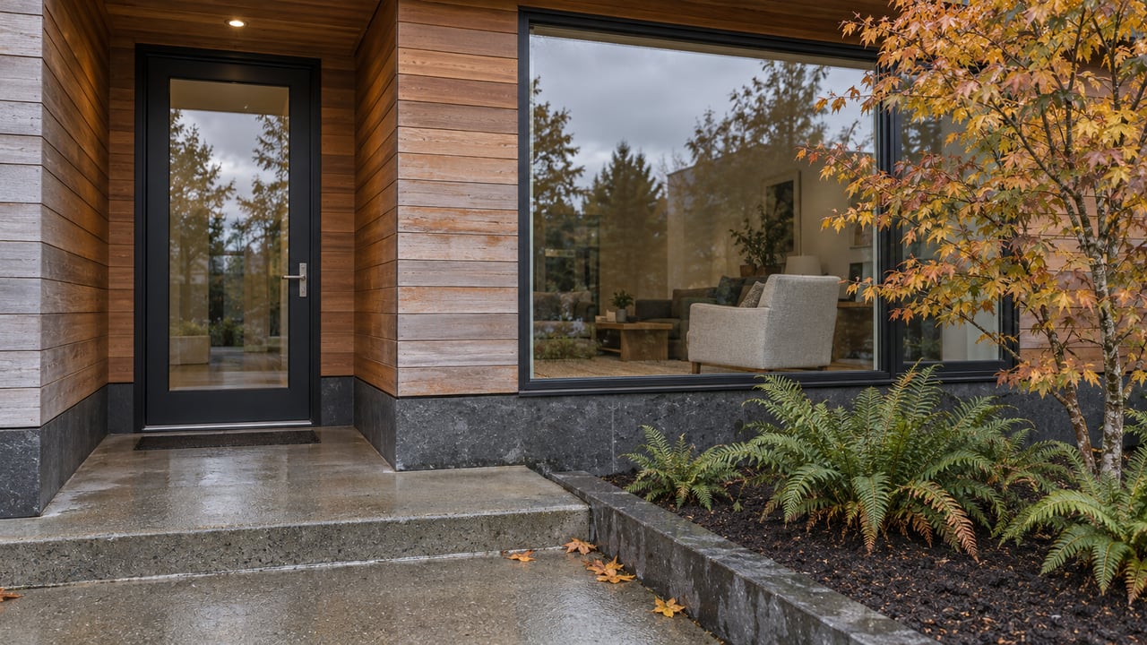 Sheltered cedar-clad home entry beside a black-framed window, with damp concrete paving, a vine maple, and sword ferns.