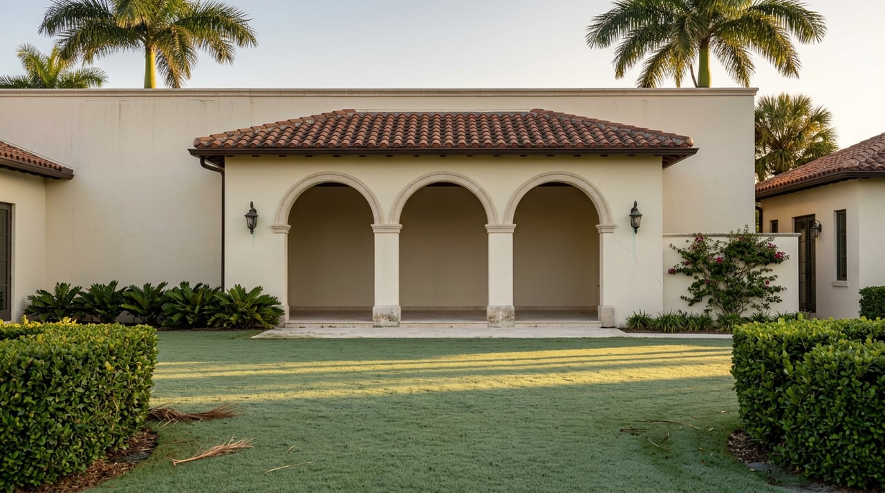 Broad lawn leading to a cream-stucco estate’s arched loggia, framed by palms and a clipped hedge.
