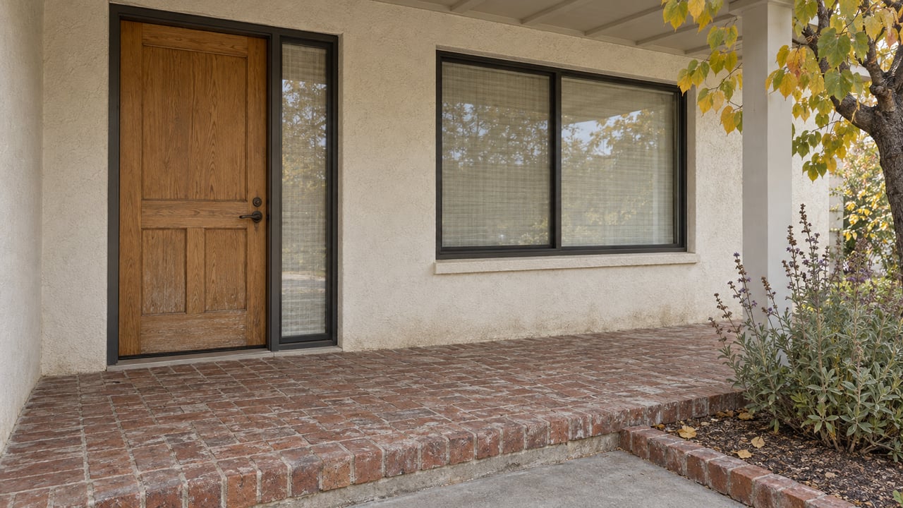 A sheltered ranch-home entry with an oak door, warm stucco, worn brick paving, and redbud leaves beside a raised planting bed.