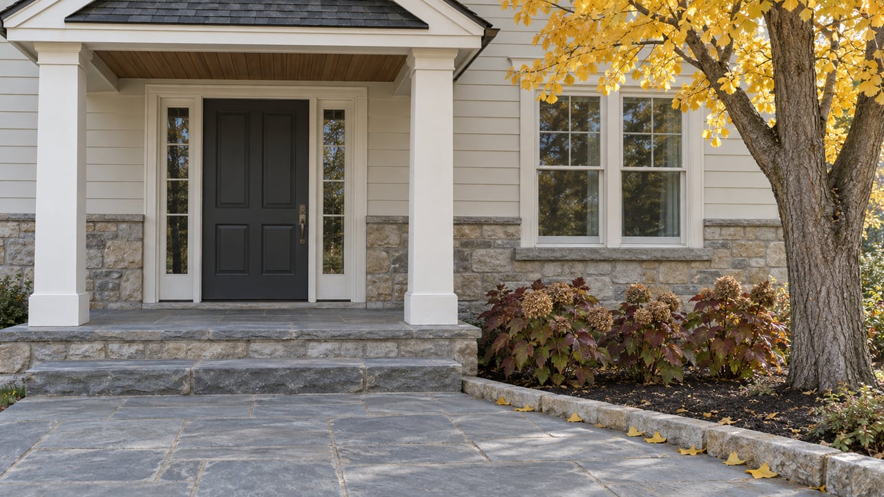 Stone approach and sheltered entry of a cream-sided house beside a golden ginkgo, with burgundy oakleaf hydrangeas beneath a window.