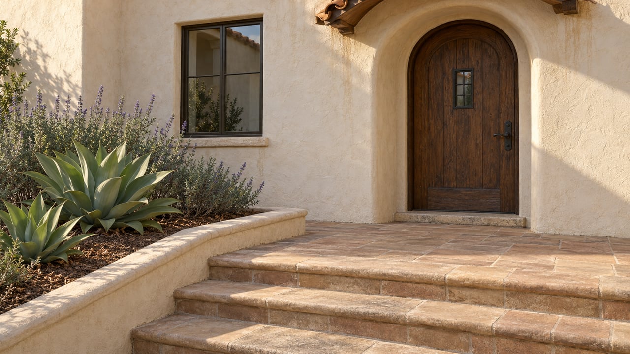 Warm stucco entry with an arched oak door, worn clay-paver steps and a planted bed of agave and flowering sage.