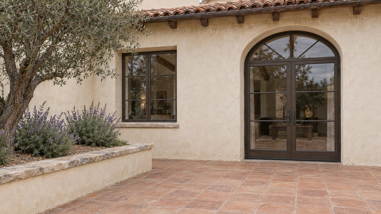 Ivory stucco home with an arched bronze-glazed doorway, weathered terracotta terrace, and a raised olive and sage planting bed.