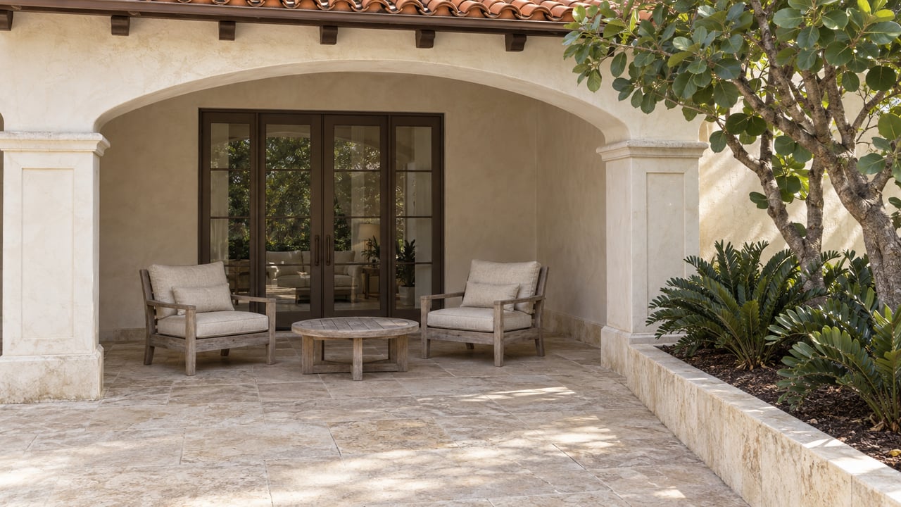 An arched ivory-stucco loggia with bronze French doors, weathered teak chairs and a limestone-bordered sea grape planting bed.