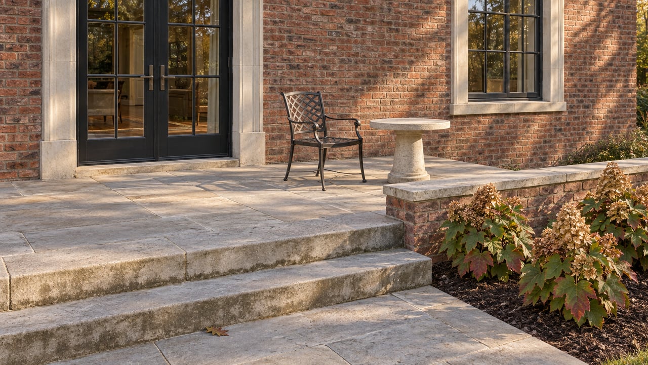 Brown-red brick home with black divided-light doors, a limestone terrace and steps, one bronze chair, and oakleaf hydrangeas.