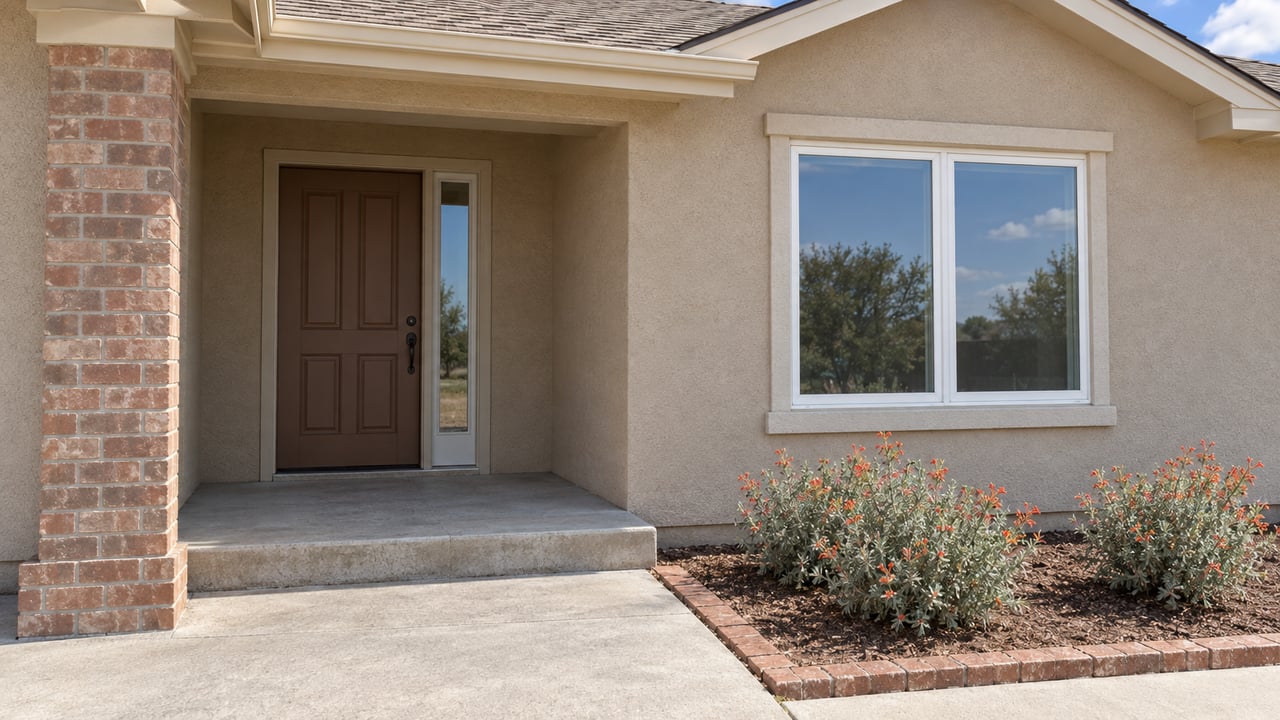 Covered entry of a beige stucco home with a red-brown brick pier, white-trimmed window and orange-flowering California fuchsia beside the concrete approach.