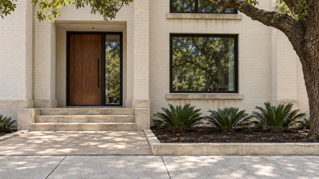Ivory masonry infill home with a recessed wood entry, black-framed windows, limestone steps and a mature live oak beside a compact paver approach.