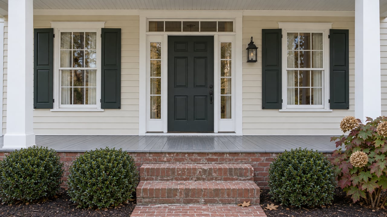 Ivory clapboard home with a dark front door, white porch columns, weathered brick steps and autumn hydrangea leaves.