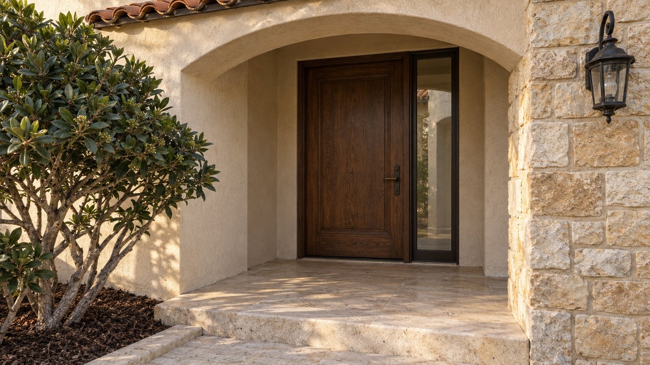 Morning light grazes a limestone and ivory stucco entrance with a dark oak door, bronze-framed sidelight, and mountain laurel.