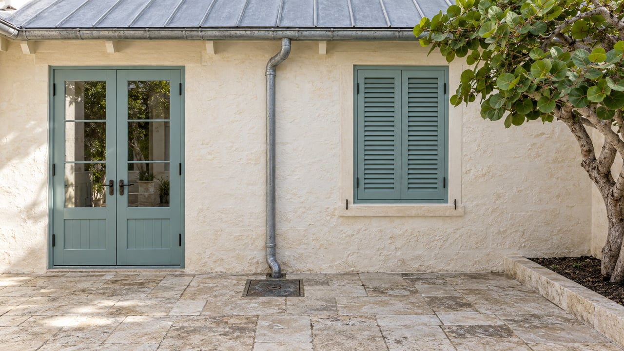 Ivory cottage courtyard with teal doors, a shuttered window, roof downspout, and limestone paving.