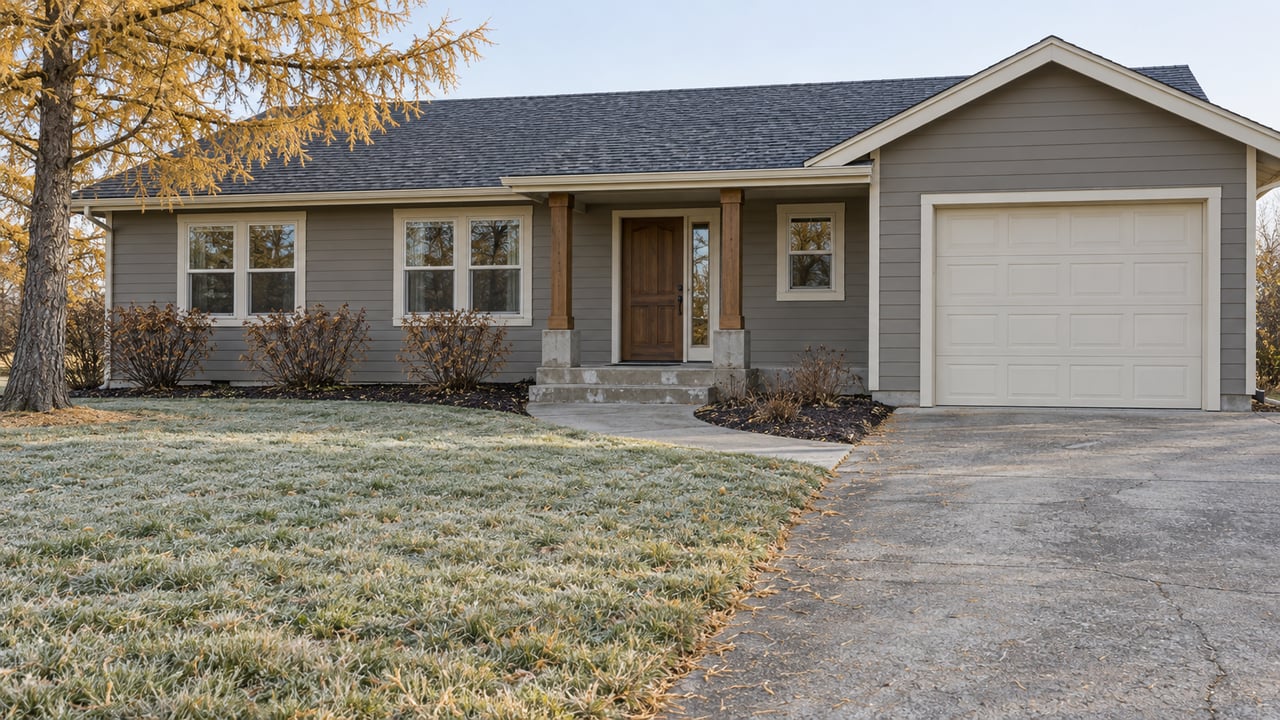 Frost-tipped lawn and a weathered driveway lead to a gray wood-sided home with a covered entry and golden larch.