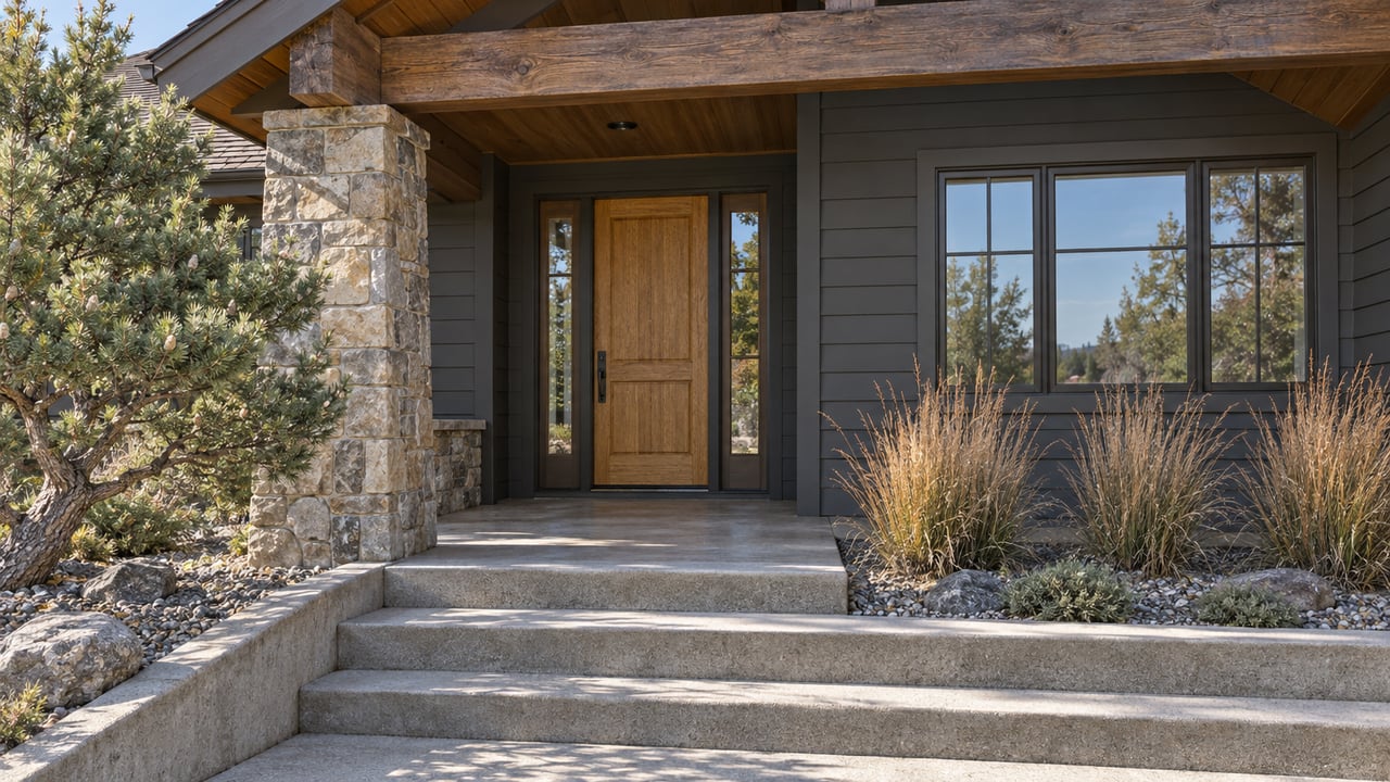 Timber-lined gabled entry with stone pier, oak door, paired sidelights and concrete steps beside autumn grasses.