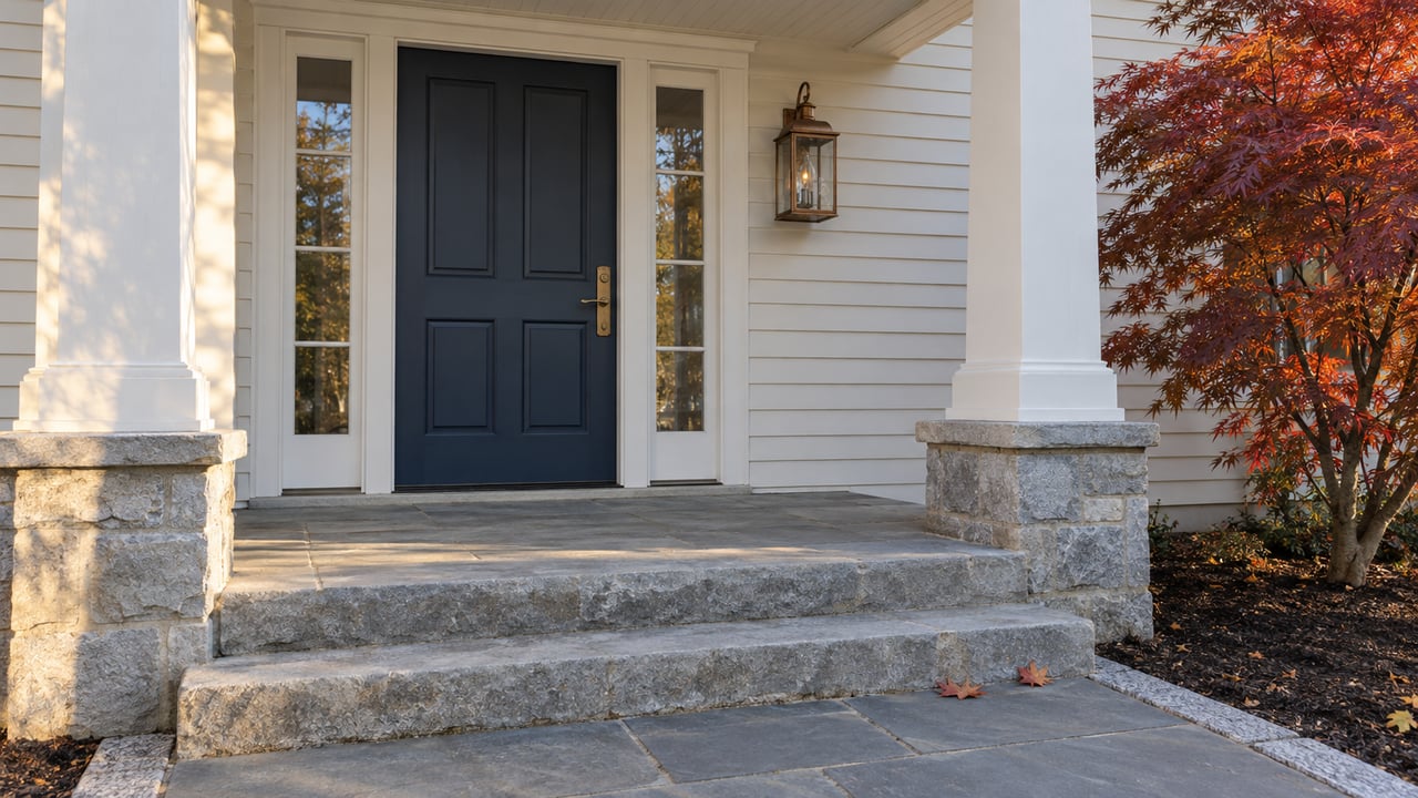 Covered entry of a white clapboard home with a navy door, limestone steps and an autumn Japanese maple.
