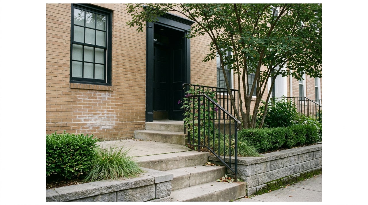 Tan-brick rowhouse entrance with raised concrete stoop, black railing, recessed dark door, and leafy serviceberry.