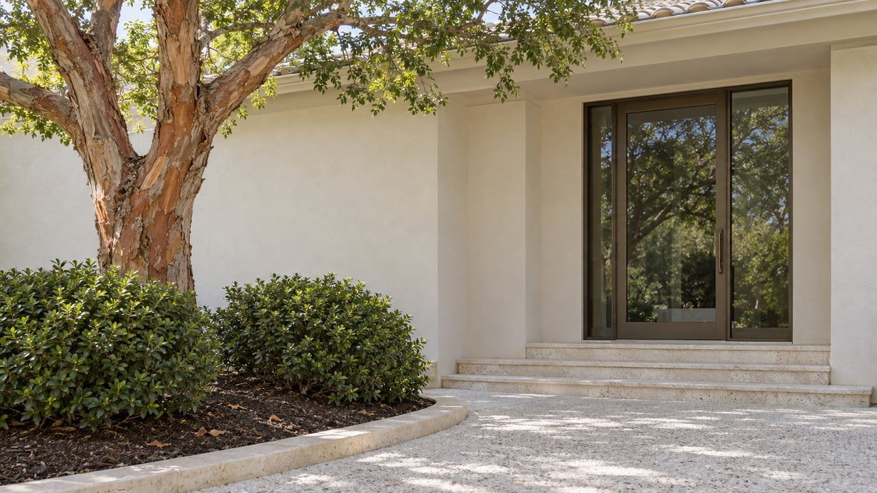 Ivory stucco home entrance with bronze-framed glass, limestone steps, and a copper-barked gumbo limbo beside an edged garden bed.