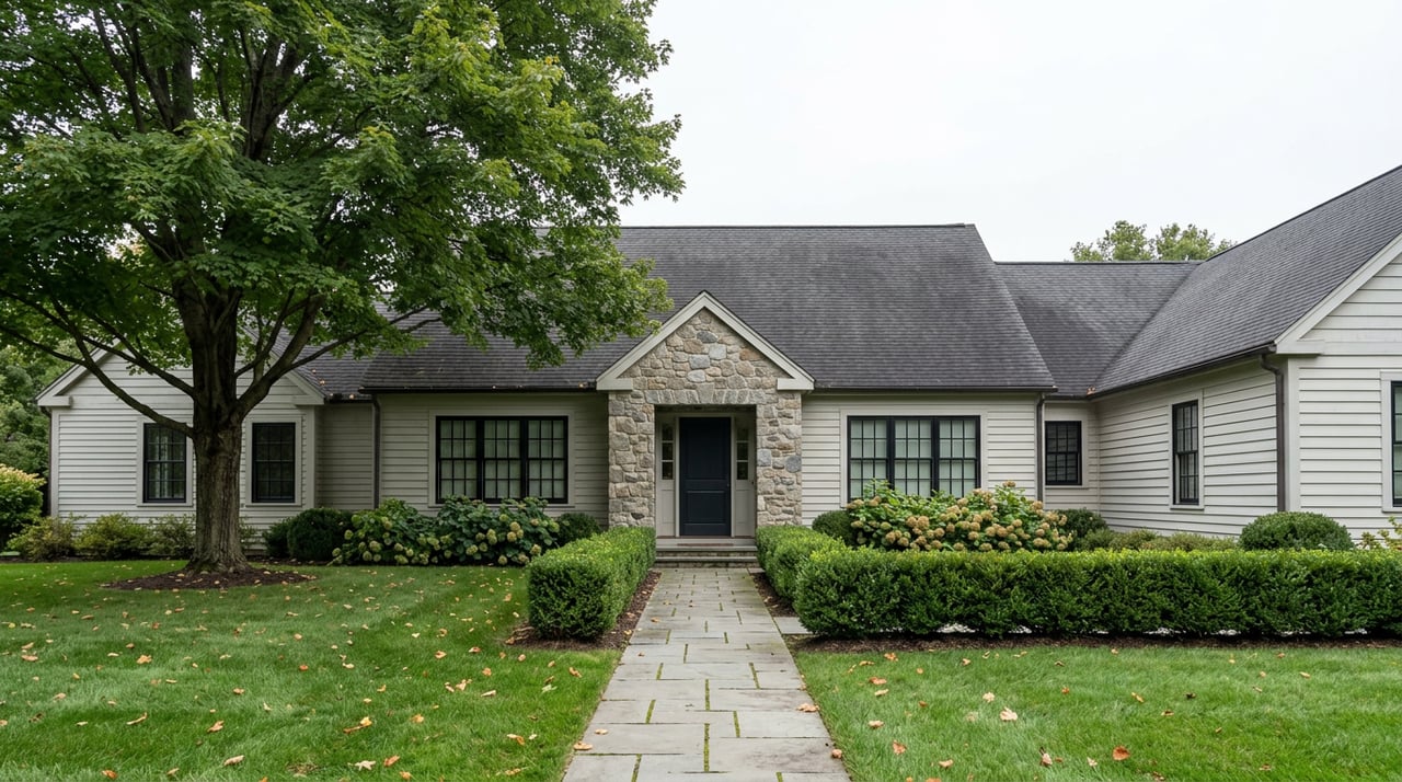 Gabled clapboard home with a stone entry, fronted by a deep lawn, paver walkway, clipped hedges, and a broad maple.