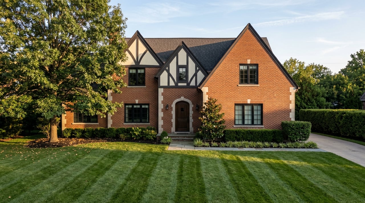 Two-story brick and stone home with half-timbered gables, a broad lawn, and a large shade tree.