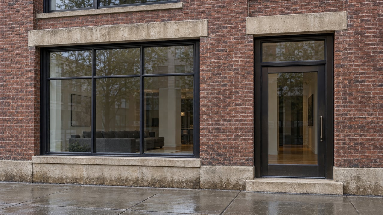 Rain-darkened brick loft facade with oversized black-framed windows, a bronze glazed entrance and worn limestone step beside a wet sidewalk.