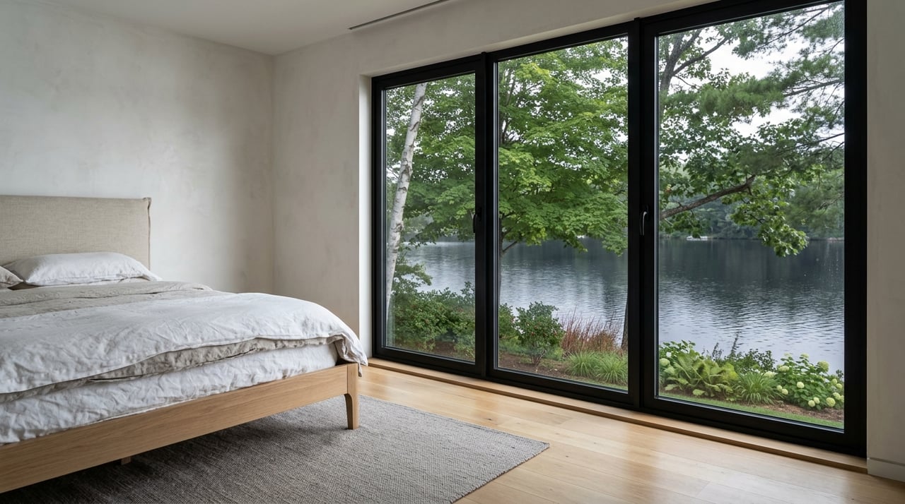 Bedroom corner with white oak and linen beside a black-framed window overlooking water and plants.