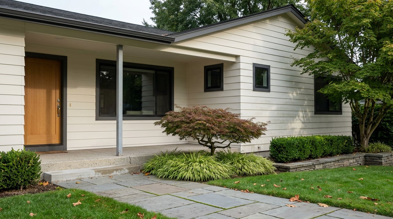 Two-story home with warm-white siding, a covered porch, Japanese maple, and bluestone front walk.