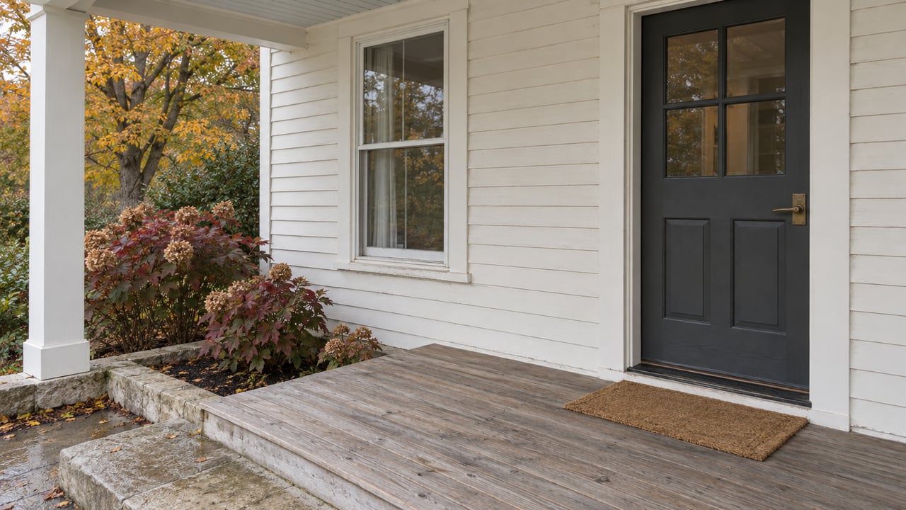 Covered porch with white clapboard siding, a charcoal glazed entry door, weathered cedar decking and autumn hydrangeas beside limestone steps.