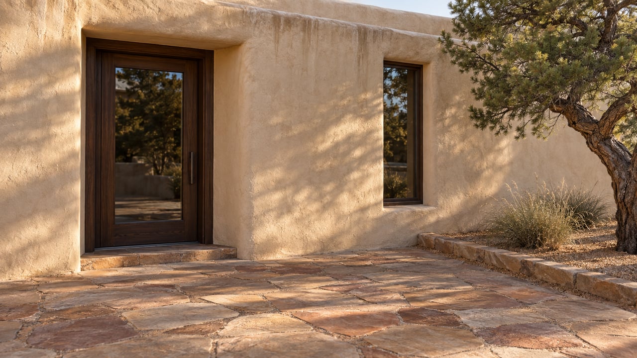 Cultural building entrance with a recessed wood-framed glass door, sandstone paving, and a twisting pine at right.