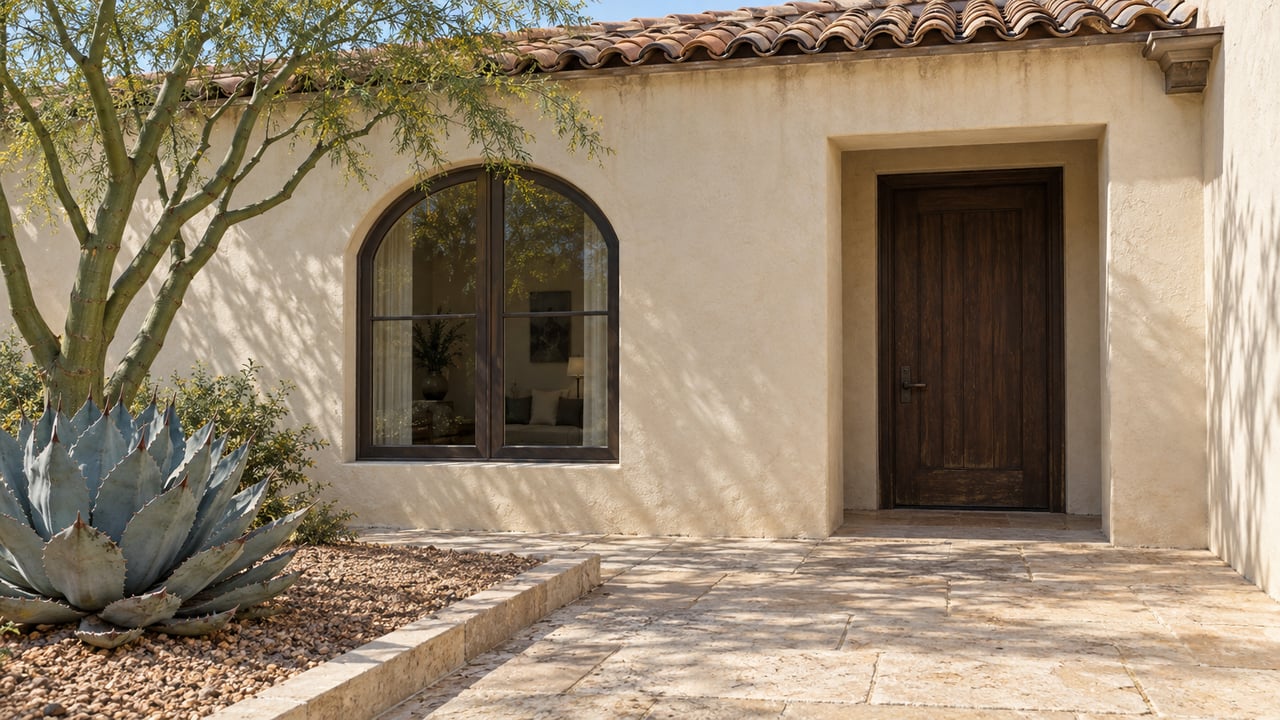 Cream stucco courtyard home with a terracotta roof, arched window, oak entry door and sculptural desert planting beside limestone paving.