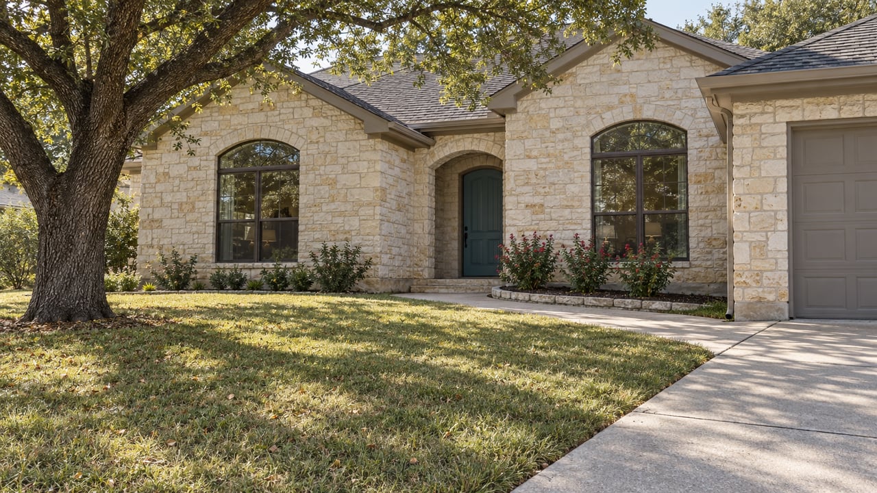 Limestone single-story home with gabled roofs, a blue-green entry door, deep lawn and mature oak beside a concrete approach.