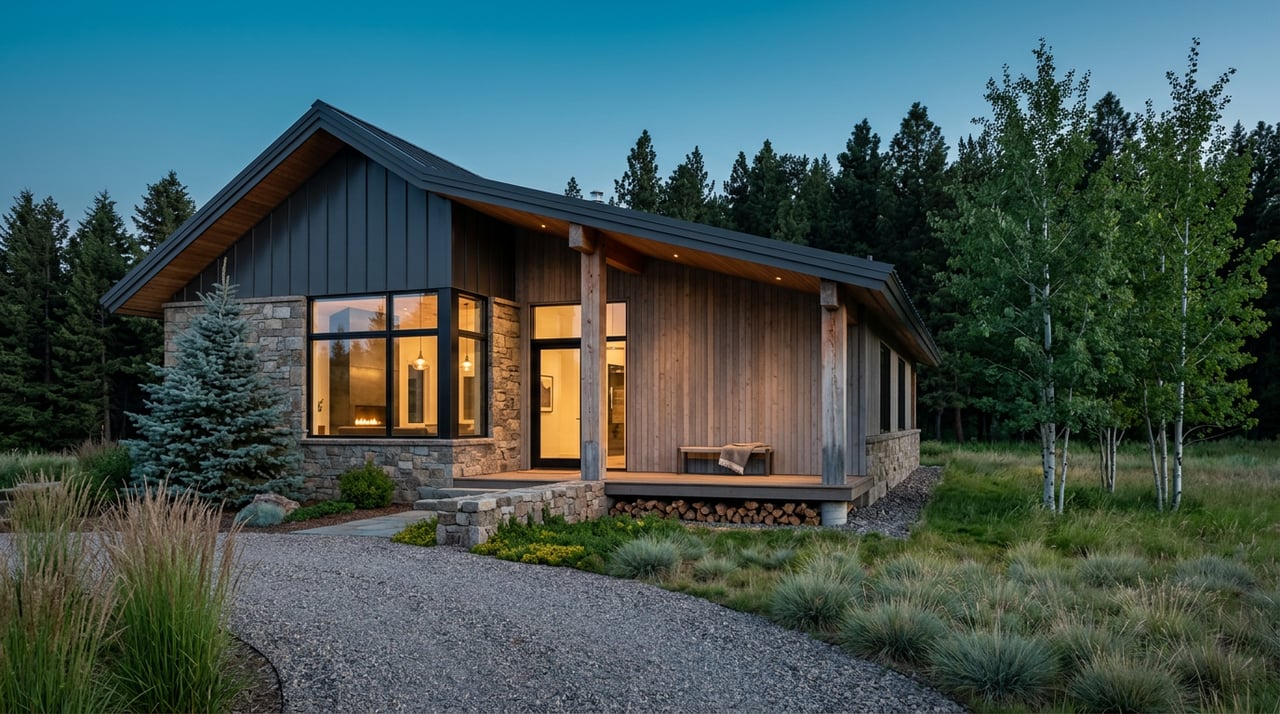 Mountain home with stone and timber walls, glowing windows, a curving gravel drive, meadow, and surrounding conifers at dusk.